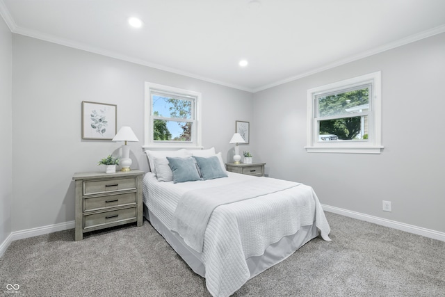 5205 Staughton Dr, Indianapolis, IN 46226 - bedroom featuring light colored carpet, ornamental molding, and recessed lighting
