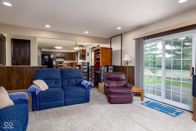 5749 Teresa Dr, Alexandria, IN 46001 - living room featuring carpet, ceiling fan, and recessed lighting