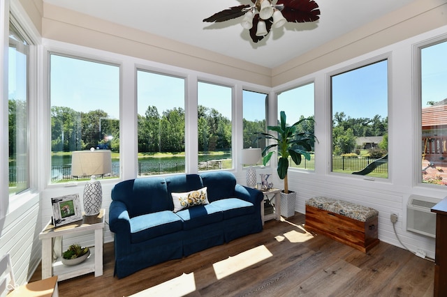 7413 Misty Woods Ln, Indianapolis, IN 46237 - sunroom / solarium with a wooden deck, wood finished floors, and a wall mounted air conditioner