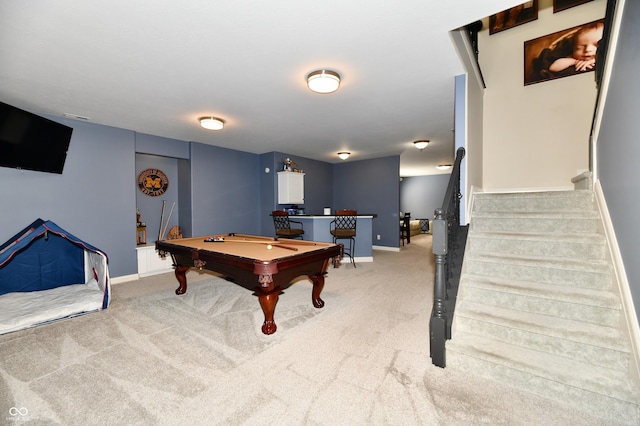7413 Misty Woods Ln, Indianapolis, IN 46237 - playroom featuring billiards table, light colored carpet, and bar