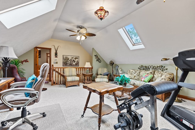 6980 White Oak Dr, Avon, IN 46123 - office area with a skylight, carpet, vaulted ceiling, and ceiling fan