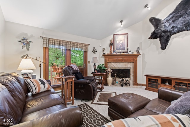 6980 White Oak Dr, Avon, IN 46123 - carpeted living room featuring lofted ceiling and a high end fireplace