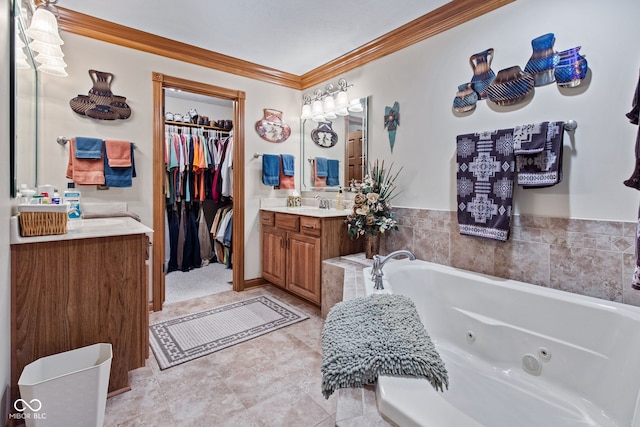 6980 White Oak Dr, Avon, IN 46123 - full bath featuring crown molding, vanity, a jetted tub, and a spacious closet