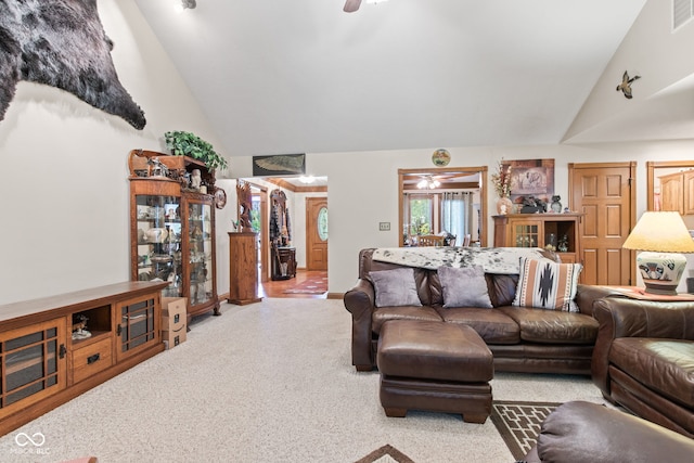 6980 White Oak Dr, Avon, IN 46123 - living room with ceiling fan, carpet, and high vaulted ceiling
