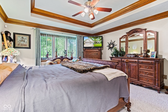 6980 White Oak Dr, Avon, IN 46123 - bedroom featuring a raised ceiling, ornamental molding, light colored carpet, and a ceiling fan