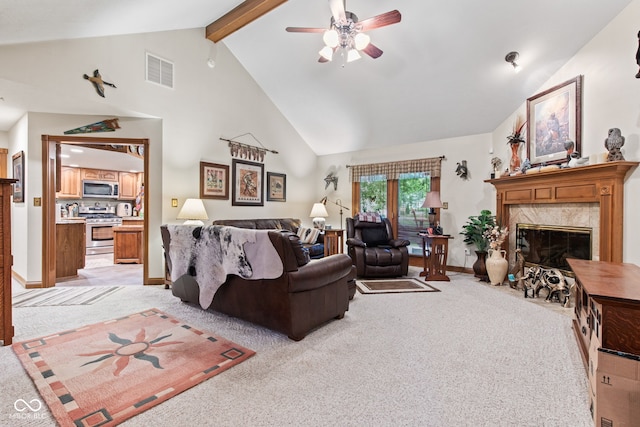 6980 White Oak Dr, Avon, IN 46123 - living room with light carpet, ceiling fan, a premium fireplace, high vaulted ceiling, and beam ceiling