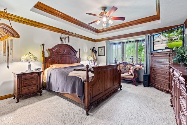 6980 White Oak Dr, Avon, IN 46123 - bedroom featuring a raised ceiling, crown molding, light carpet, and ceiling fan