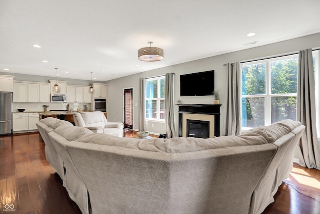 773 Bracknell Dr, Avon, IN 46123 - living area featuring plenty of natural light, a glass covered fireplace, dark wood-type flooring, and recessed lighting