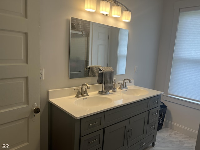 1131 N Main St, Rushville, IN 46173 - full bath with marble finish floors, double vanity, and an enclosed shower