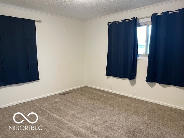 carpeted spare room with a textured ceiling and baseboards