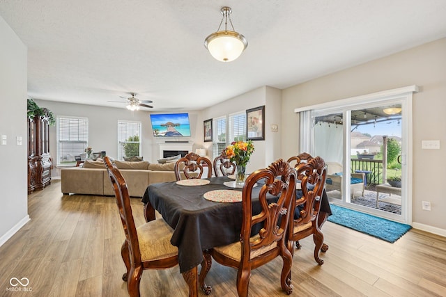 8126 Kilborn Way, Avon, IN 46123 - dining area with light wood-style flooring, ceiling fan, and a fireplace