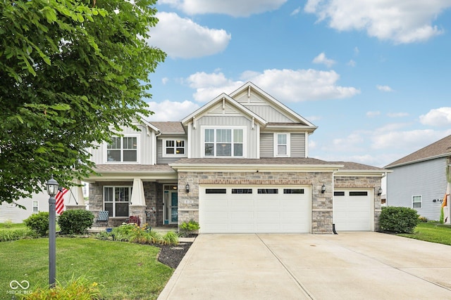 8126 Kilborn Way, Avon, IN 46123 - craftsman-style house with board and batten siding, driveway, a front lawn, and stone siding