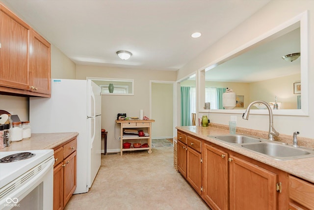 4218 E 18th St, Indianapolis, IN 46218 - kitchen featuring light countertops, white electric range, and brown cabinetry