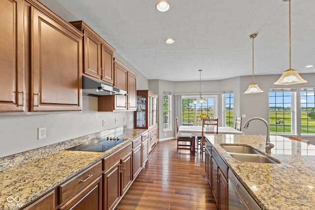 4434 Hickory Ridge Blvd, Greenwood, IN 46143 - kitchen with under cabinet range hood, dark wood-type flooring, a textured ceiling, black electric stovetop, and recessed lighting