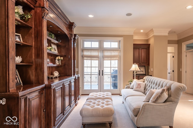 4636 S Hawks Way, Bloomington, IN 47401 - living area featuring french doors, light colored carpet, crown molding, and recessed lighting