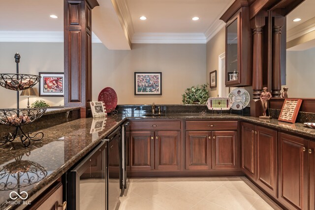 4636 S Hawks Way, Bloomington, IN 47401 - indoor wet bar with wine cooler, crown molding, light tile patterned floors, and recessed lighting
