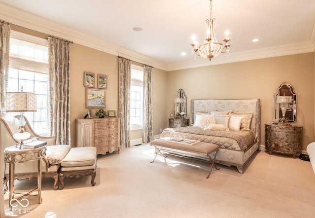 4636 S Hawks Way, Bloomington, IN 47401 - bedroom with carpet flooring, a chandelier, crown molding, and recessed lighting