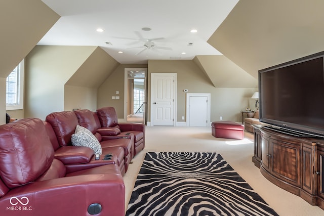 4636 S Hawks Way, Bloomington, IN 47401 - living area with light colored carpet, recessed lighting, a ceiling fan, vaulted ceiling, and healthy amount of natural light