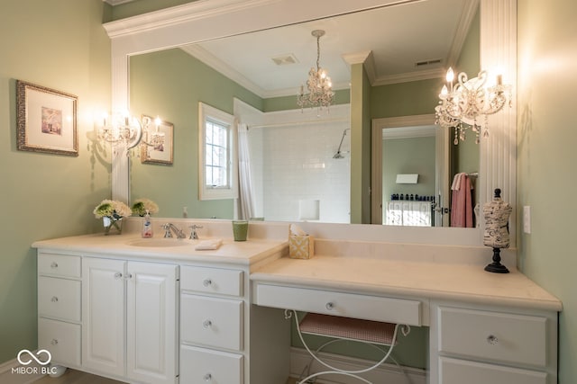 4636 S Hawks Way, Bloomington, IN 47401 - full bathroom featuring a chandelier, vanity, a shower, and crown molding