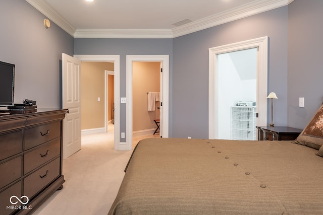 4636 S Hawks Way, Bloomington, IN 47401 - bedroom with ornamental molding, light carpet, and connected bathroom