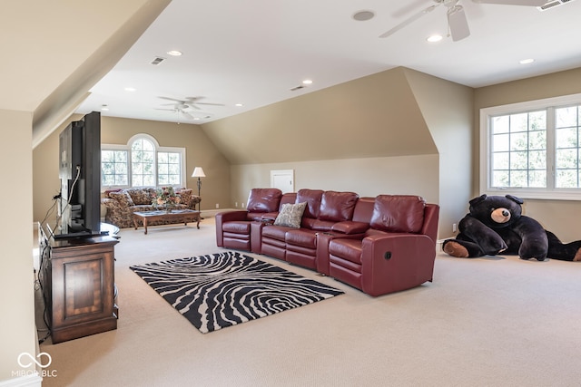 4636 S Hawks Way, Bloomington, IN 47401 - carpeted living area with a ceiling fan, lofted ceiling, and recessed lighting
