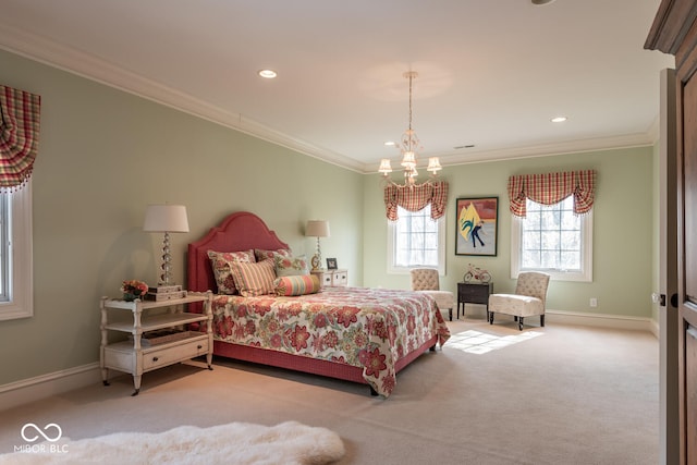 4636 S Hawks Way, Bloomington, IN 47401 - carpeted bedroom featuring crown molding, a chandelier, and recessed lighting