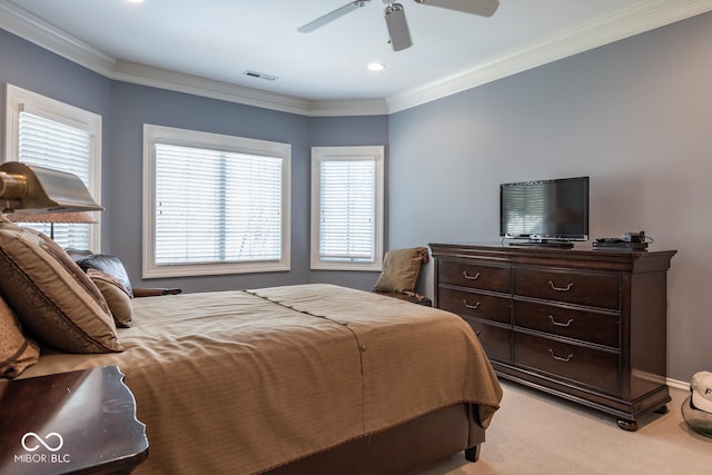 4636 S Hawks Way, Bloomington, IN 47401 - bedroom with light carpet, crown molding, a ceiling fan, and recessed lighting