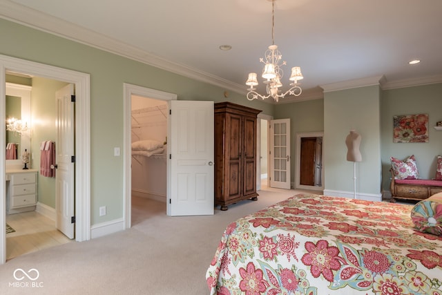 4636 S Hawks Way, Bloomington, IN 47401 - bedroom featuring crown molding, a chandelier, light colored carpet, a walk in closet, and ensuite bath