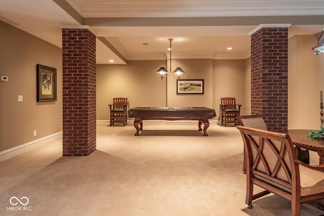 4636 S Hawks Way, Bloomington, IN 47401 - recreation room featuring carpet floors, billiards table, ornamental molding, recessed lighting, and decorative columns