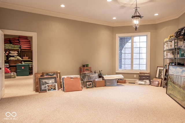4636 S Hawks Way, Bloomington, IN 47401 - rec room with carpet floors, recessed lighting, and ornamental molding