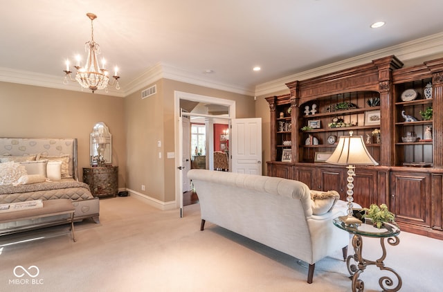 4636 S Hawks Way, Bloomington, IN 47401 - living room featuring light carpet, a chandelier, crown molding, and recessed lighting