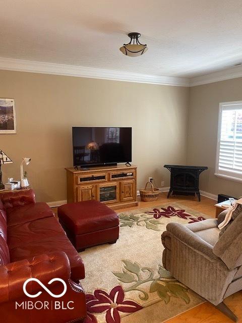 3354 Nottinghill Dr, Plainfield, IN 46168 - living room with a wood stove and ornamental molding