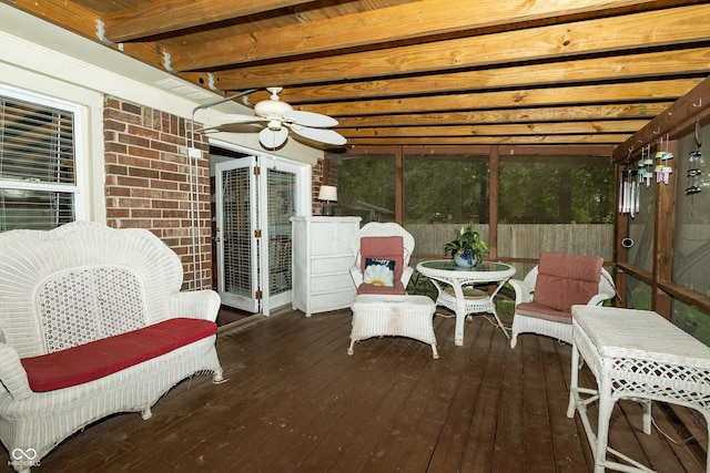 13 Fairlane Dr, Brownsburg, IN 46112 - sunroom featuring ceiling fan and beamed ceiling