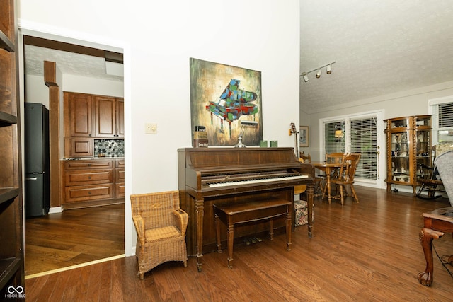 13 Fairlane Dr, Brownsburg, IN 46112 - sitting room with dark wood-style flooring, a textured ceiling, and rail lighting