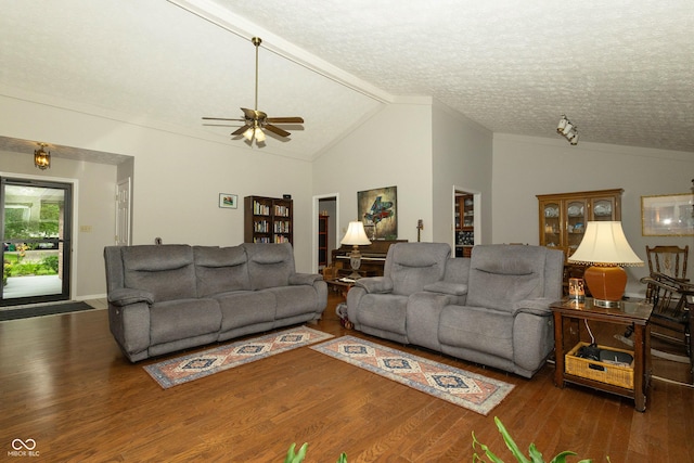 13 Fairlane Dr, Brownsburg, IN 46112 - living room featuring lofted ceiling, wood finished floors, ceiling fan, and a textured ceiling