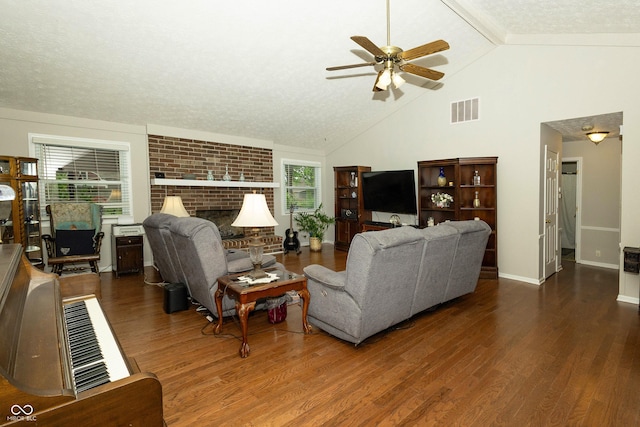 13 Fairlane Dr, Brownsburg, IN 46112 - living area featuring a ceiling fan, wood finished floors, a textured ceiling, and high vaulted ceiling
