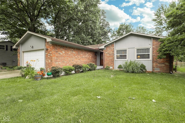 13 Fairlane Dr, Brownsburg, IN 46112 - ranch-style house with brick siding, a garage, a front yard, and concrete driveway