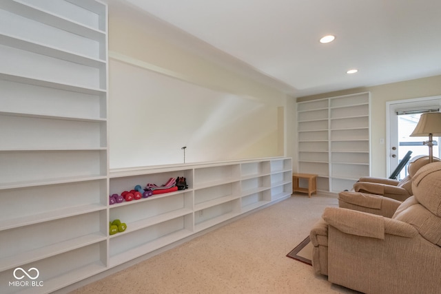 2608 S Trotters Run, Bloomington, IN 47401 - sitting room with recessed lighting, carpet flooring, and built in features