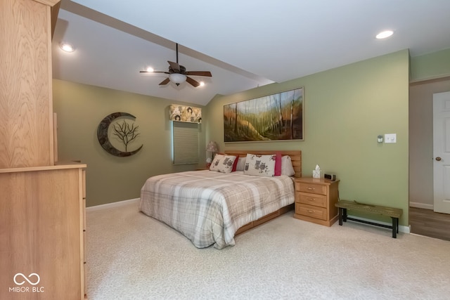 2608 S Trotters Run, Bloomington, IN 47401 - bedroom featuring carpet floors, vaulted ceiling, ceiling fan, and recessed lighting