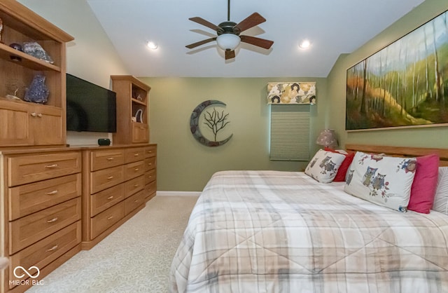 2608 S Trotters Run, Bloomington, IN 47401 - bedroom featuring vaulted ceiling, light carpet, recessed lighting, and ceiling fan