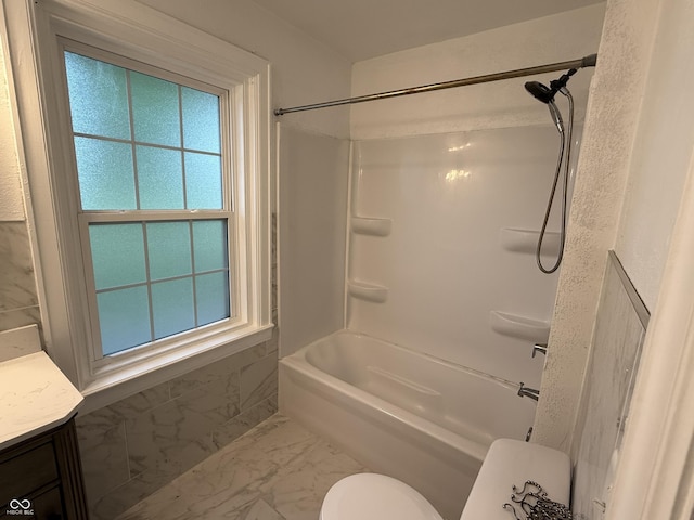 2607 N Henderson Rd, Rushville, IN 46173 - full bathroom with marble look tiles, washtub / shower combination, and vanity