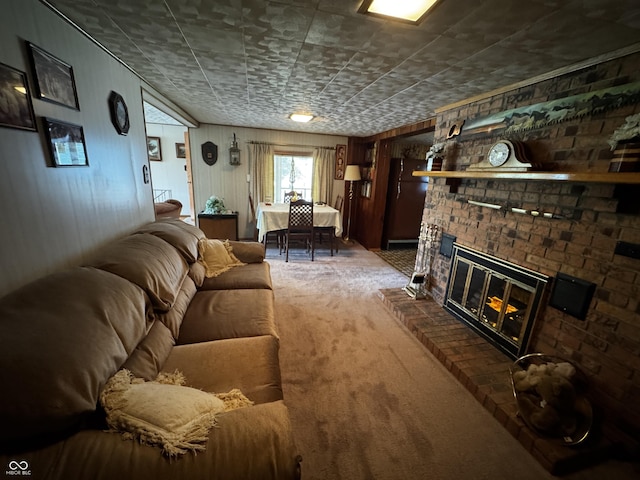 8664 S Nash Dr, Nineveh, IN 46164 - living room with carpet flooring, a brick fireplace, and wood walls