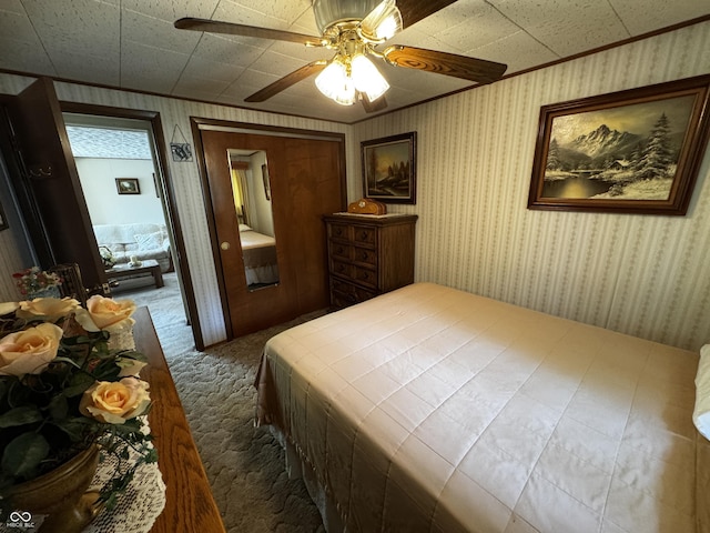 8664 S Nash Dr, Nineveh, IN 46164 - bedroom featuring carpet flooring, ceiling fan, and wallpapered walls