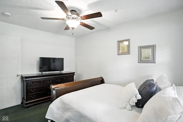 7113 Chandler Dr, Indianapolis, IN 46217 - bedroom with dark colored carpet, ceiling fan, and a textured ceiling