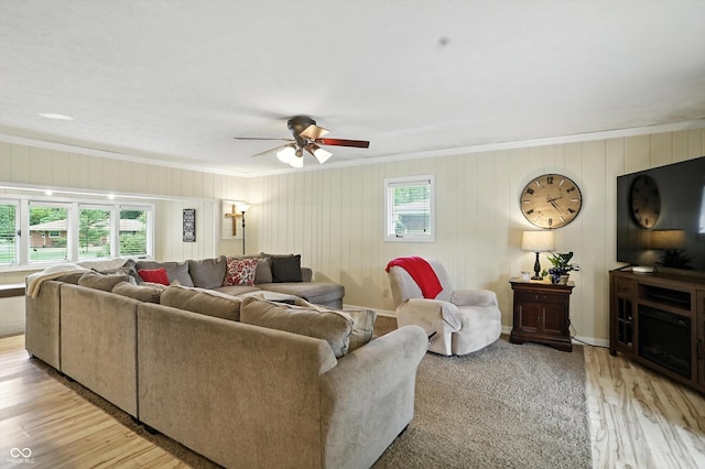 7113 Chandler Dr, Indianapolis, IN 46217 - living room featuring ornamental molding, ceiling fan, and light wood-type flooring