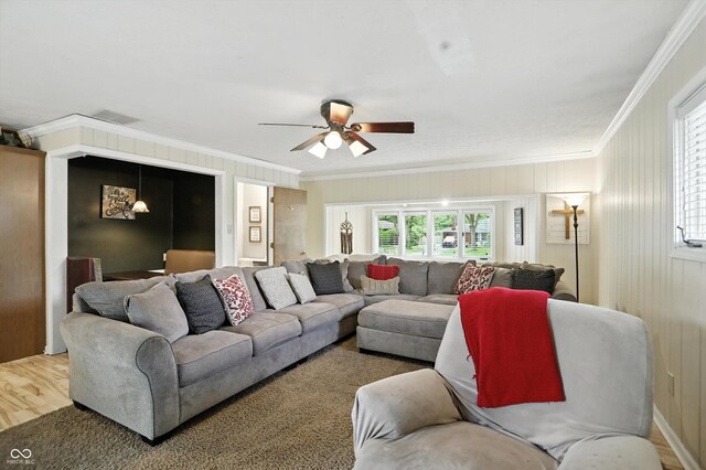 7113 Chandler Dr, Indianapolis, IN 46217 - living room featuring ornamental molding, a ceiling fan, and wood finished floors
