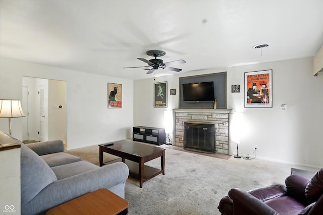 4340 Ashbourne Ln, Indianapolis, IN 46226 - living room with a fireplace, carpet, and a ceiling fan