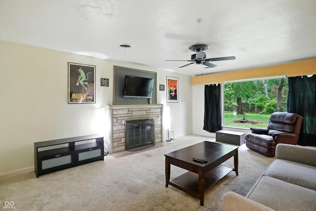 4340 Ashbourne Ln, Indianapolis, IN 46226 - living room featuring a fireplace, carpet floors, and ceiling fan