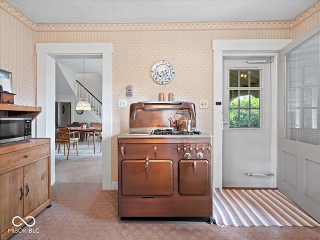 228 W Washington St, Shelbyville, IN 46176 - interior space with stainless steel appliances, wallpapered walls, and carpet