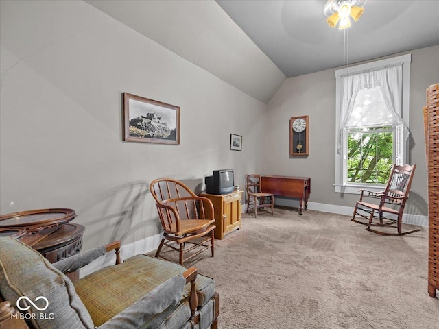 228 W Washington St, Shelbyville, IN 46176 - living area with carpet, vaulted ceiling, and ceiling fan